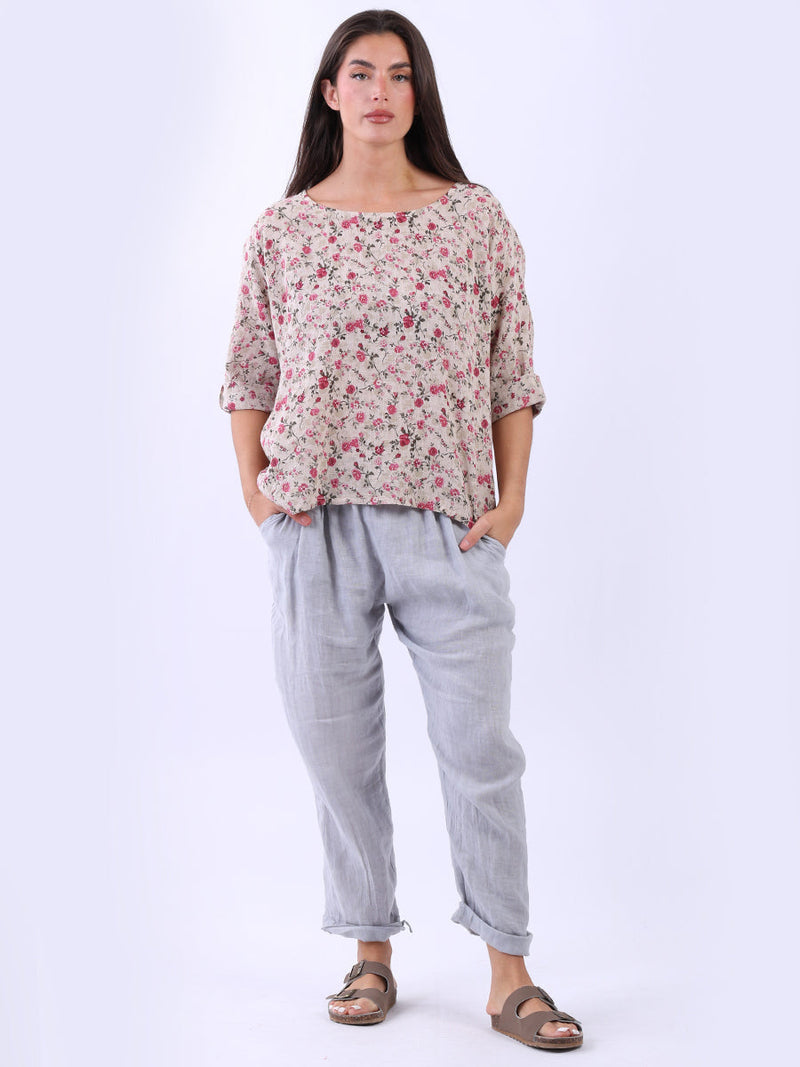 Floral Cotton Crop Top Beige