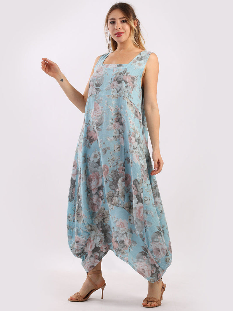 Linen Floral Maxi Dress Azure