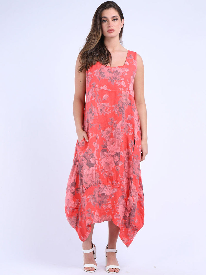 Linen Floral Maxi Dress Coral