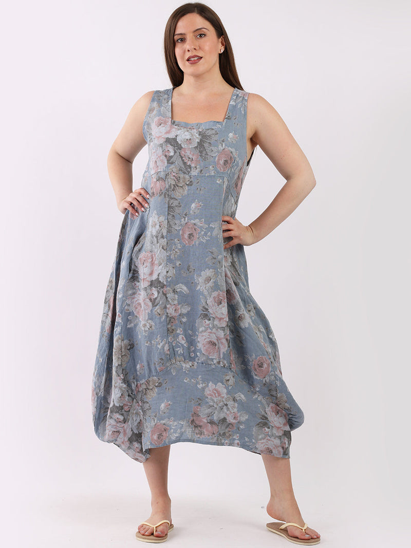 Linen Floral Maxi Dress Denim