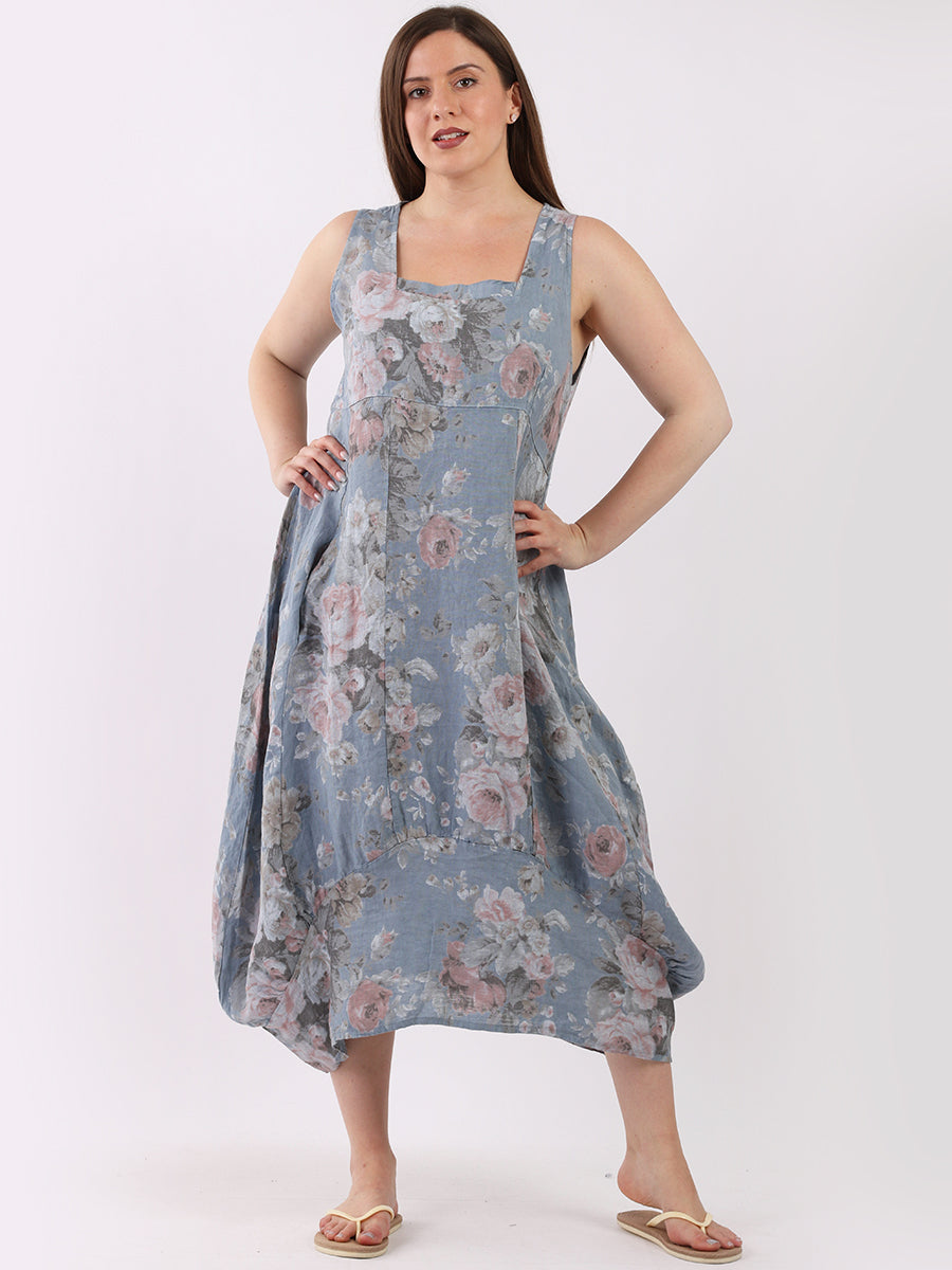 Linen Floral Maxi Dress Denim