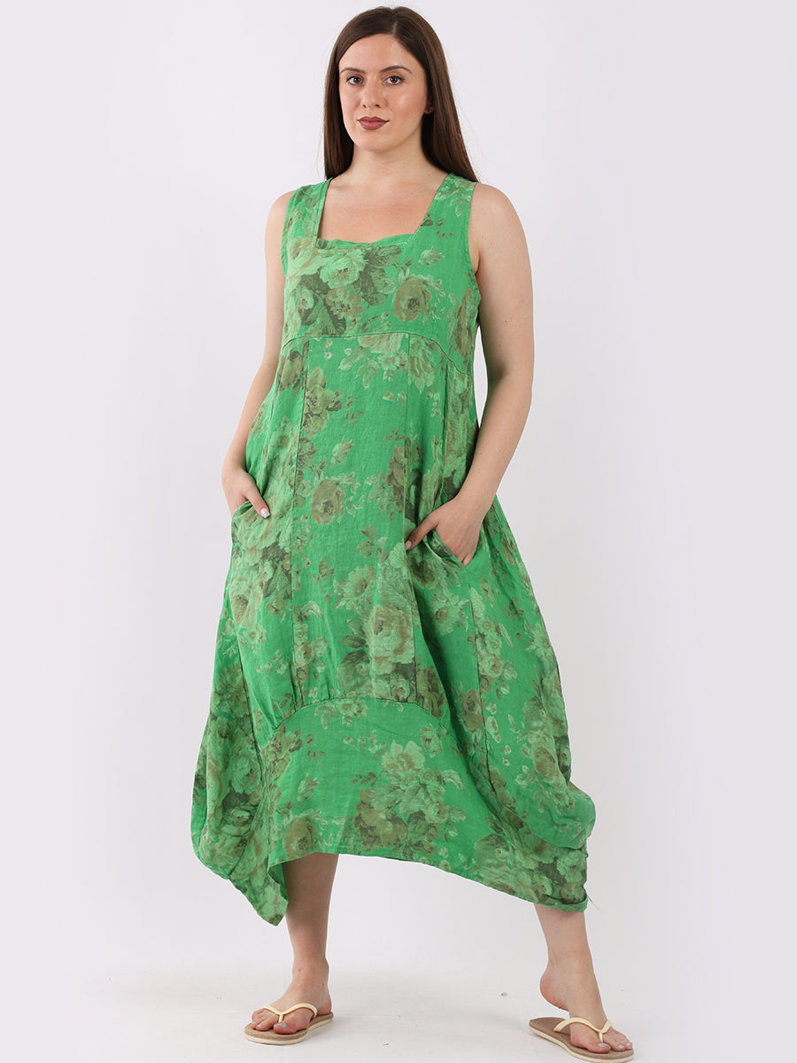 Linen Floral Maxi Dress Green