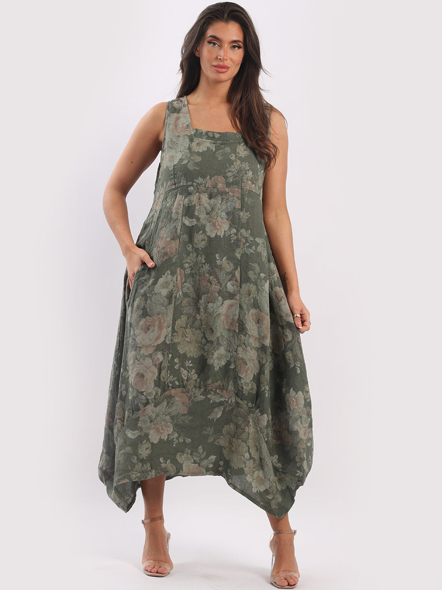 Linen Floral Maxi Dress Khaki