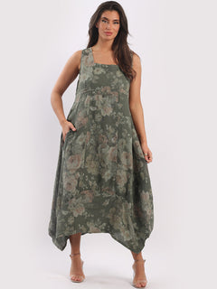 Linen Floral Maxi Dress Khaki