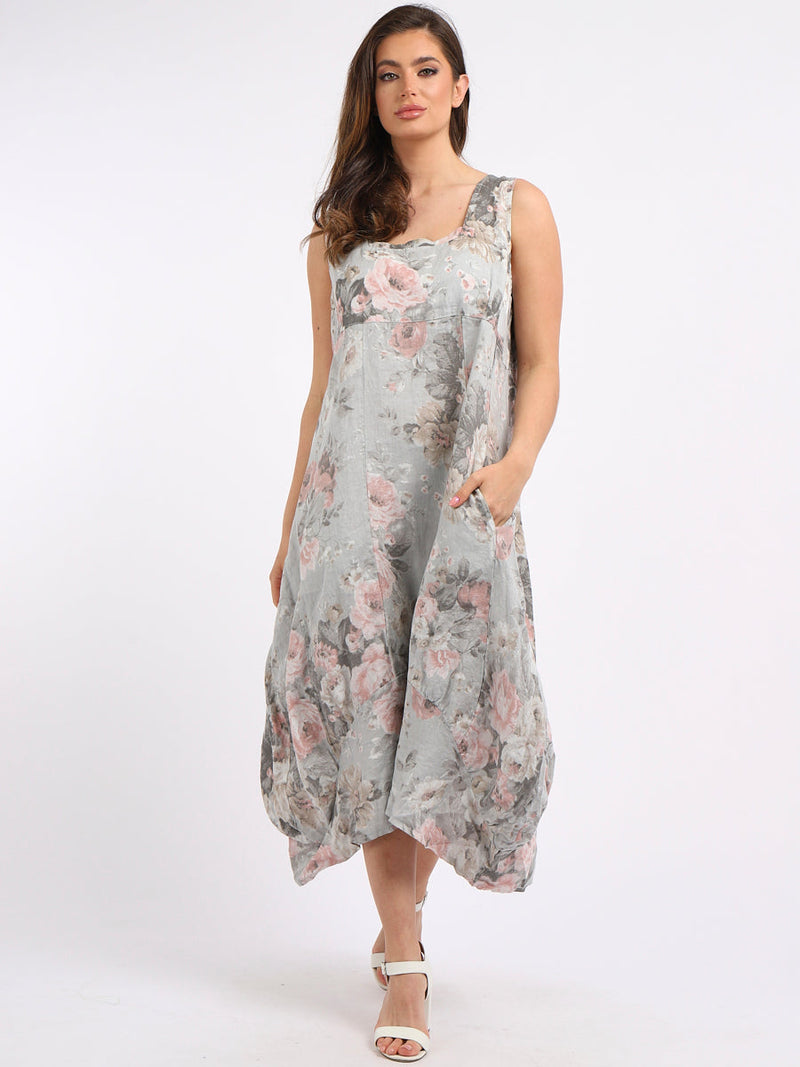 Linen Floral Maxi Dress Grey