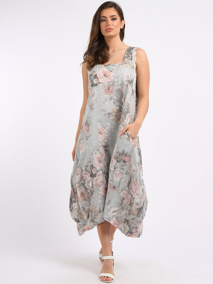 Linen Floral Maxi Dress Grey