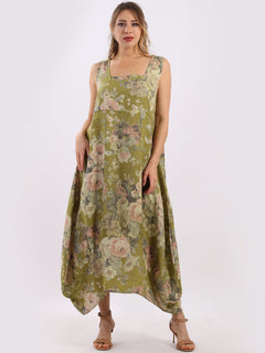 Linen Floral Maxi Dress Lime Green