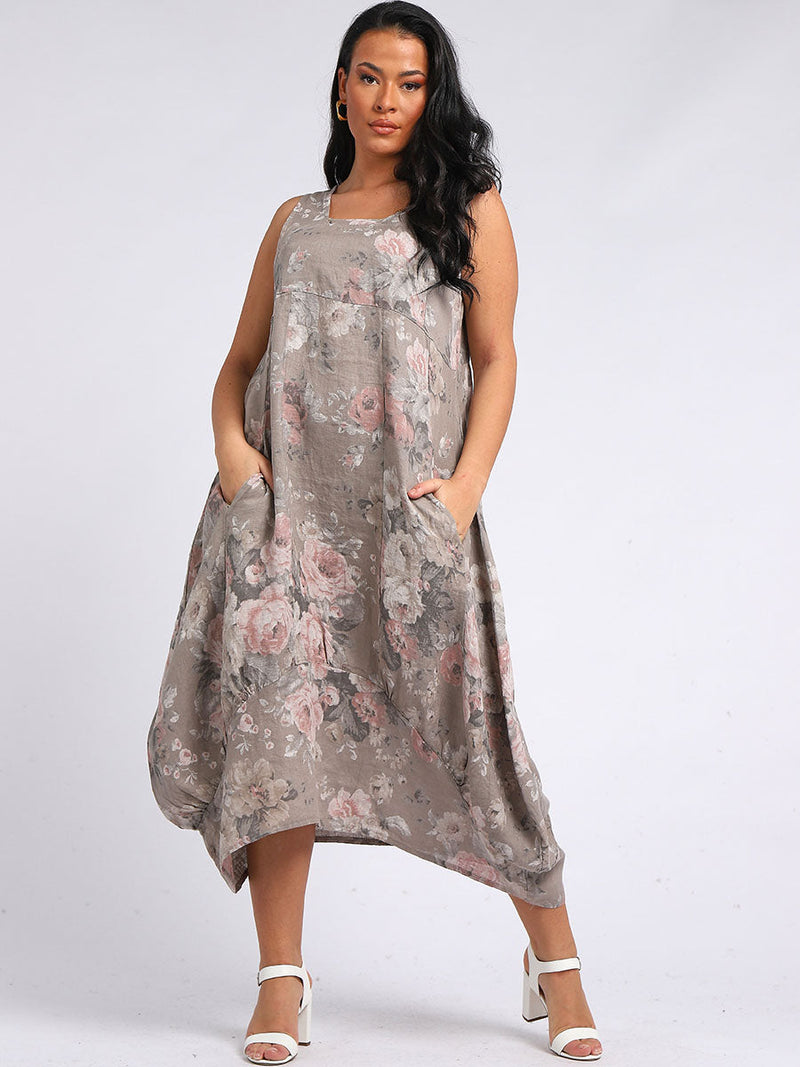 Linen Floral Maxi Dress  Mocha