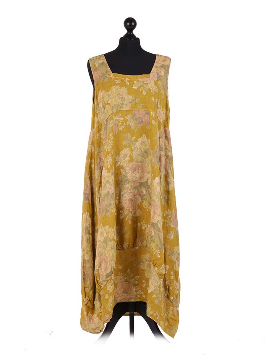 Linen Floral Maxi Dress Mustard