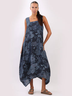 Linen Floral Maxi Dress Navy