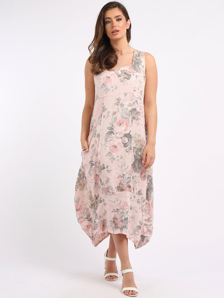 Linen Floral Maxi Dress Nude 