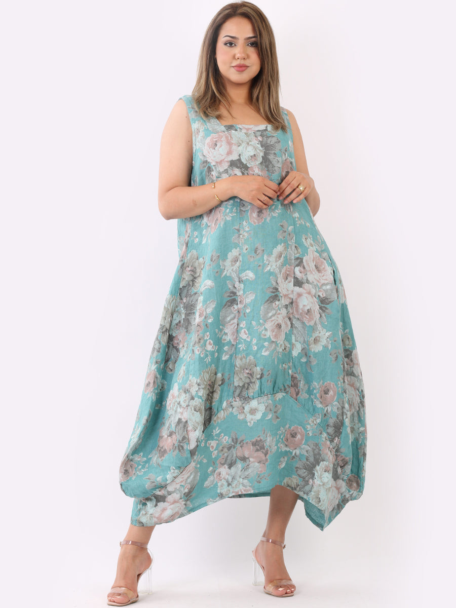 Linen Floral Maxi Dress Ocean Blue