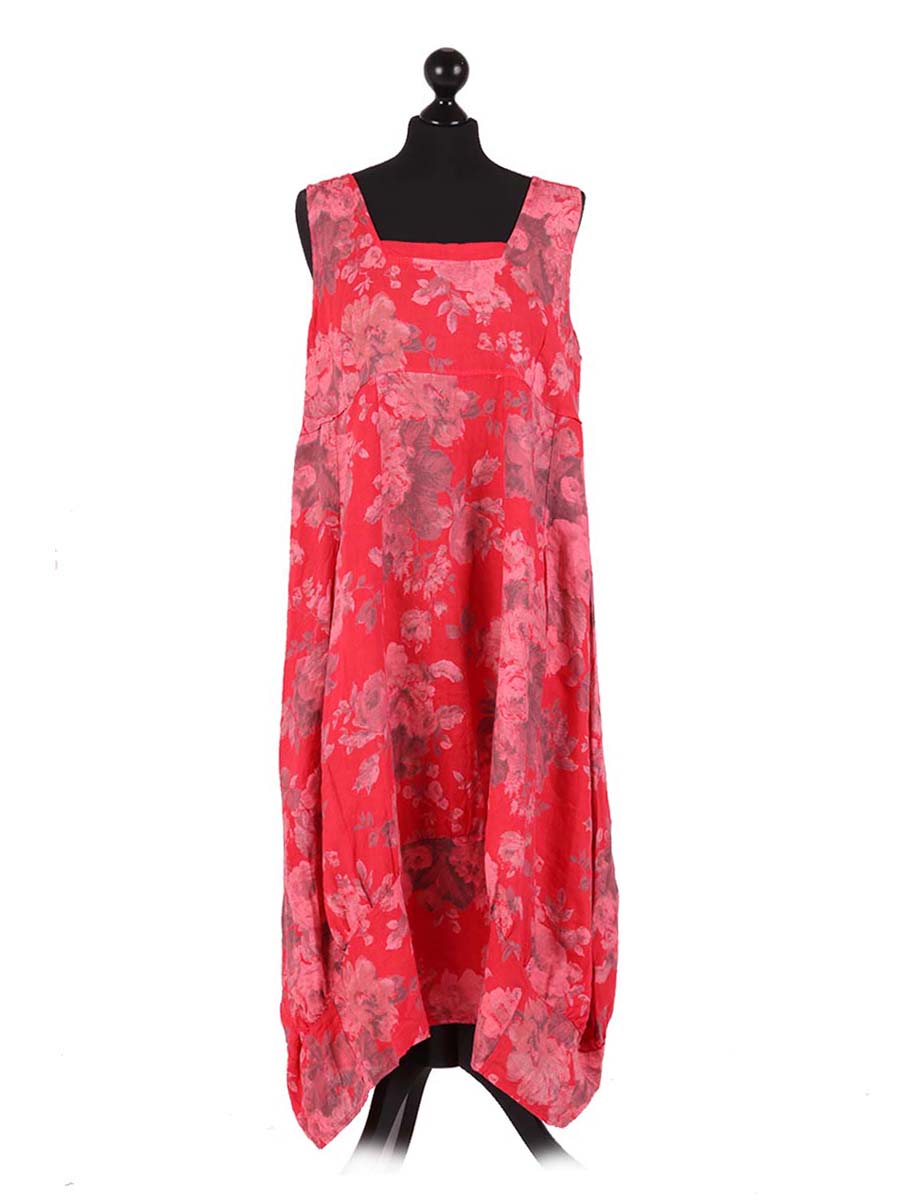 Linen Floral Maxi Dress Red