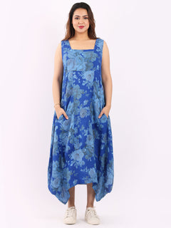 Linen Floral Maxi Dress Royal Blue