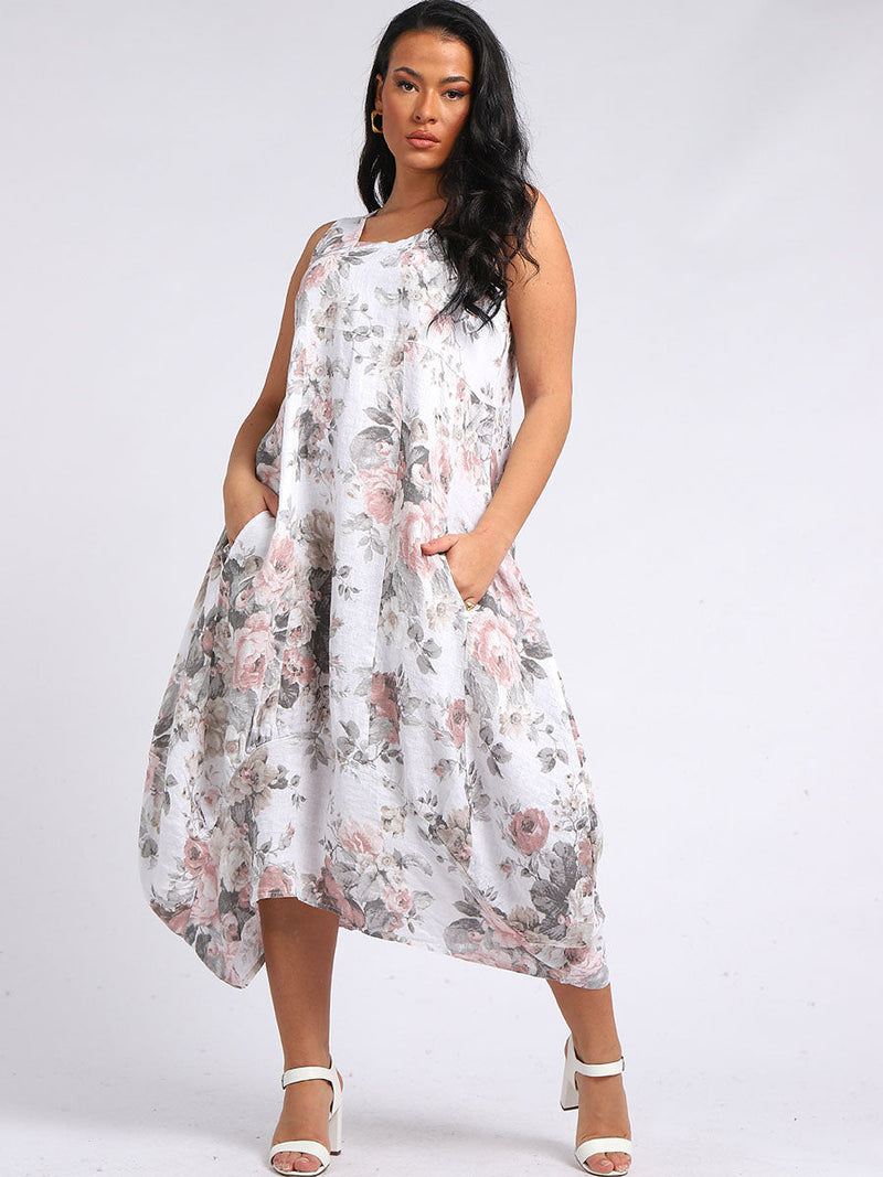 Linen Floral Maxi Dress White