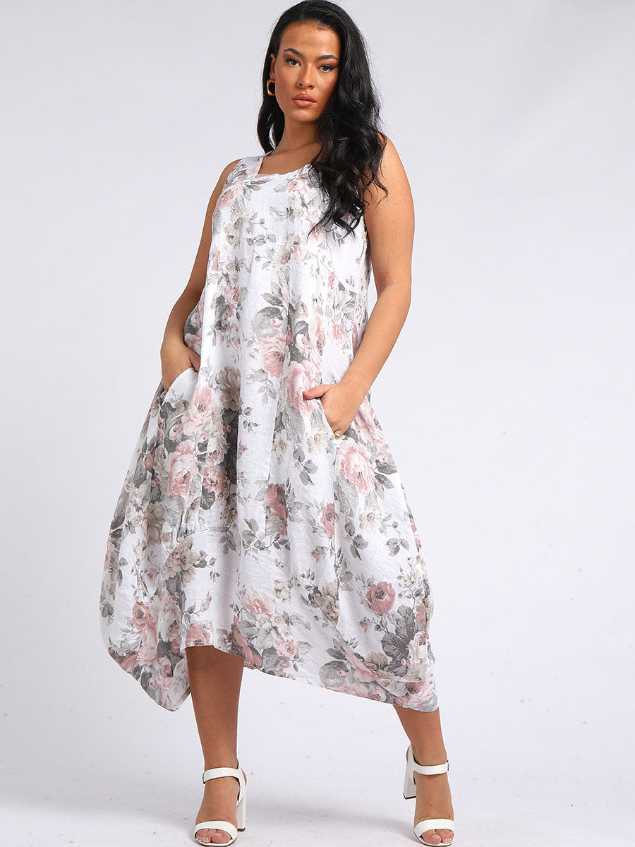 Linen Floral Maxi Dress White