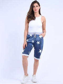 Star Print Cotton Safari Shorts Denim