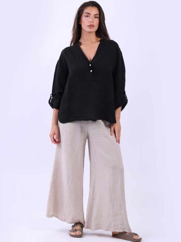 Collarless Linen Baggy Top Black