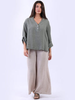 Collarless Linen Baggy Top Khaki