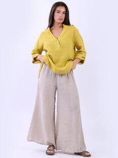 Collarless Linen Baggy Top Mustard