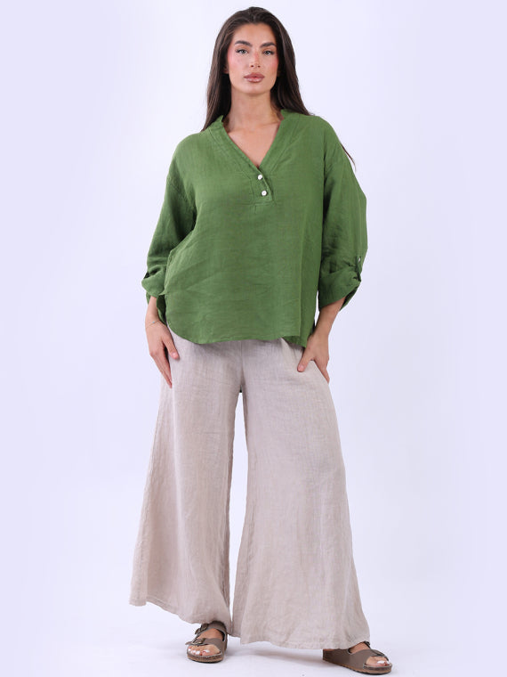 Collarless Linen Baggy Top Olive