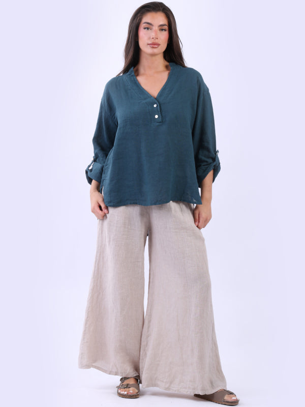 Collarless Linen Baggy Top Teal