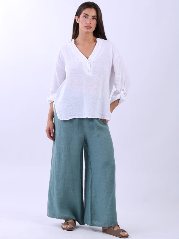 Collarless Linen Baggy Top White