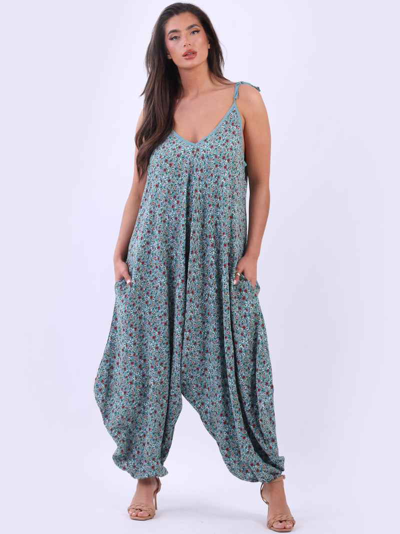 Floral Sleeveless Jumpsuit Ocean Blue
