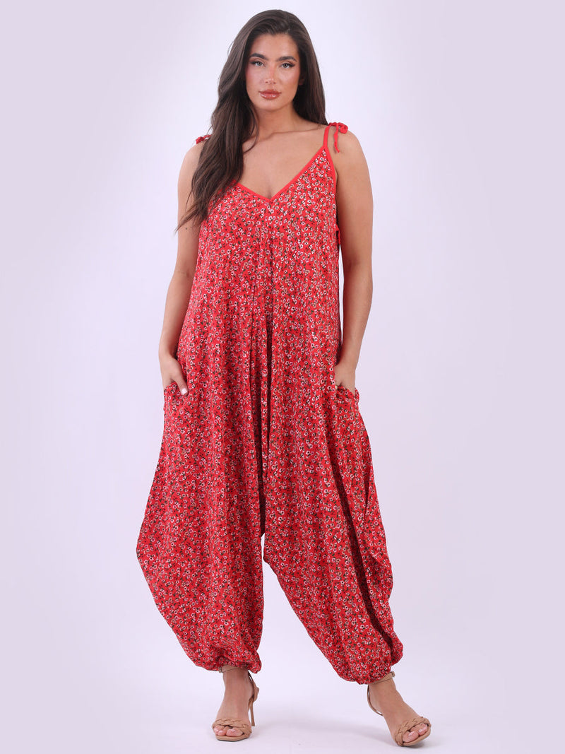 Floral Sleeveless Jumpsuit Red