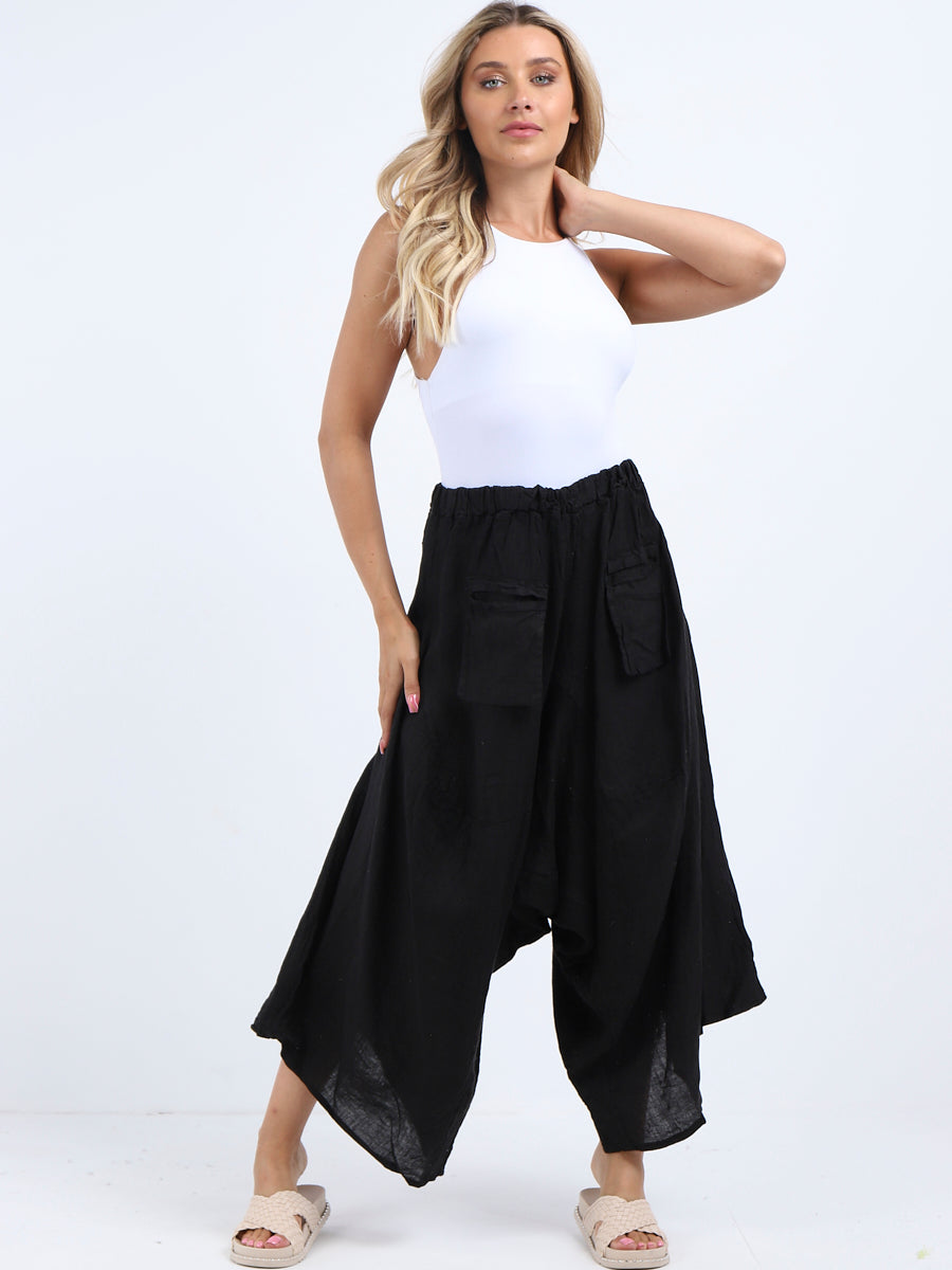 Linen Wide Leg Harem Palazzo Black