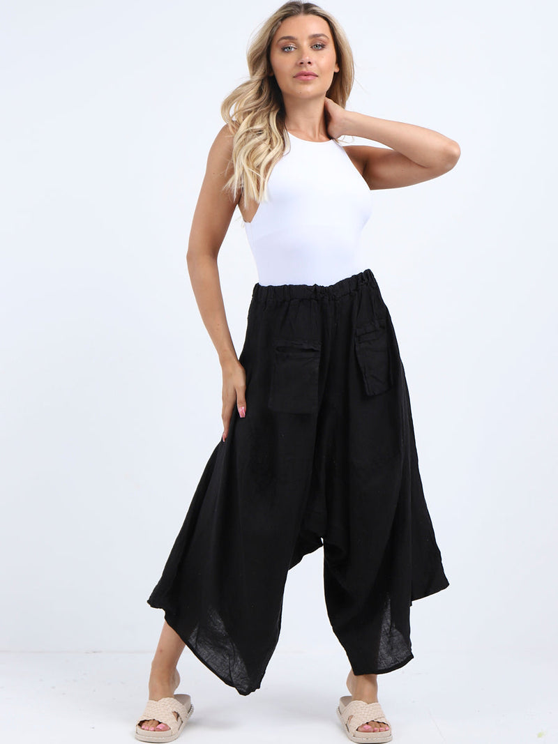 Linen Wide Leg Harem Palazzo Black