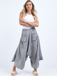 Linen Wide Leg Harem Palazzo Grey