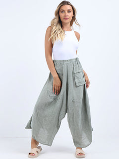 Linen Wide Leg Harem PalazzoKhaki