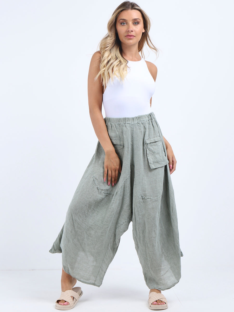 Linen Wide Leg Harem PalazzoKhaki