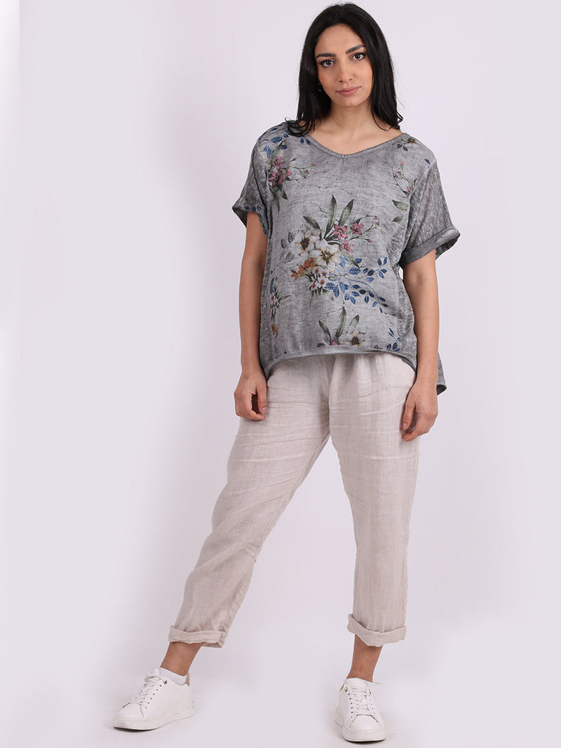 Floral Linen Crop Top Charoal 