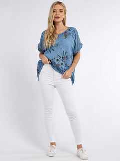 Floral Linen Crop Top Denim