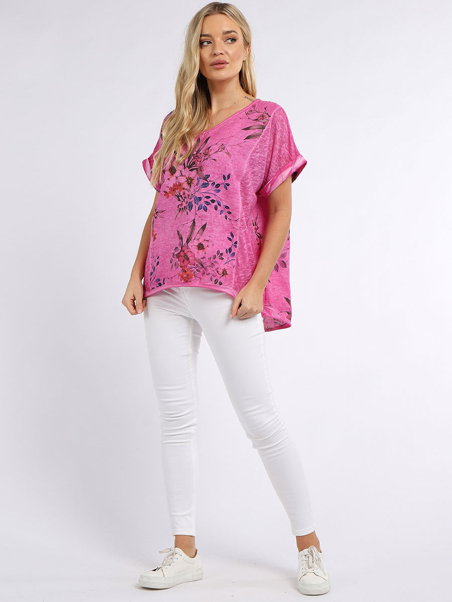 Floral Linen Crop Top Fuchsia