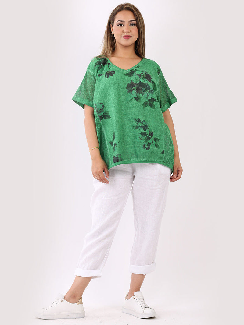 Floral Linen Crop Top Green 
