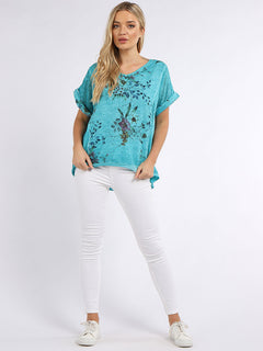 Floral Linen Crop Top Turquoise
