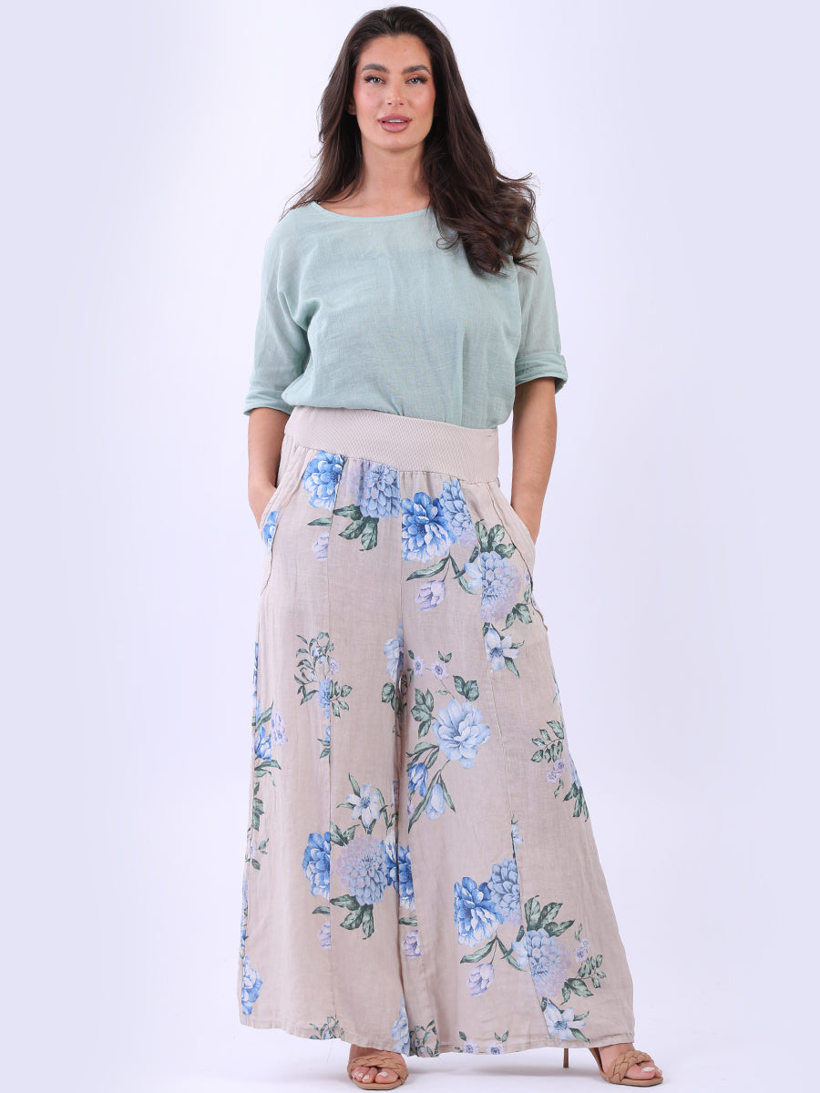 Floral Linen Palazzo Pant Beige
