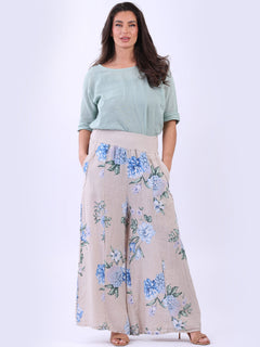 Floral Linen Palazzo Pant Beige