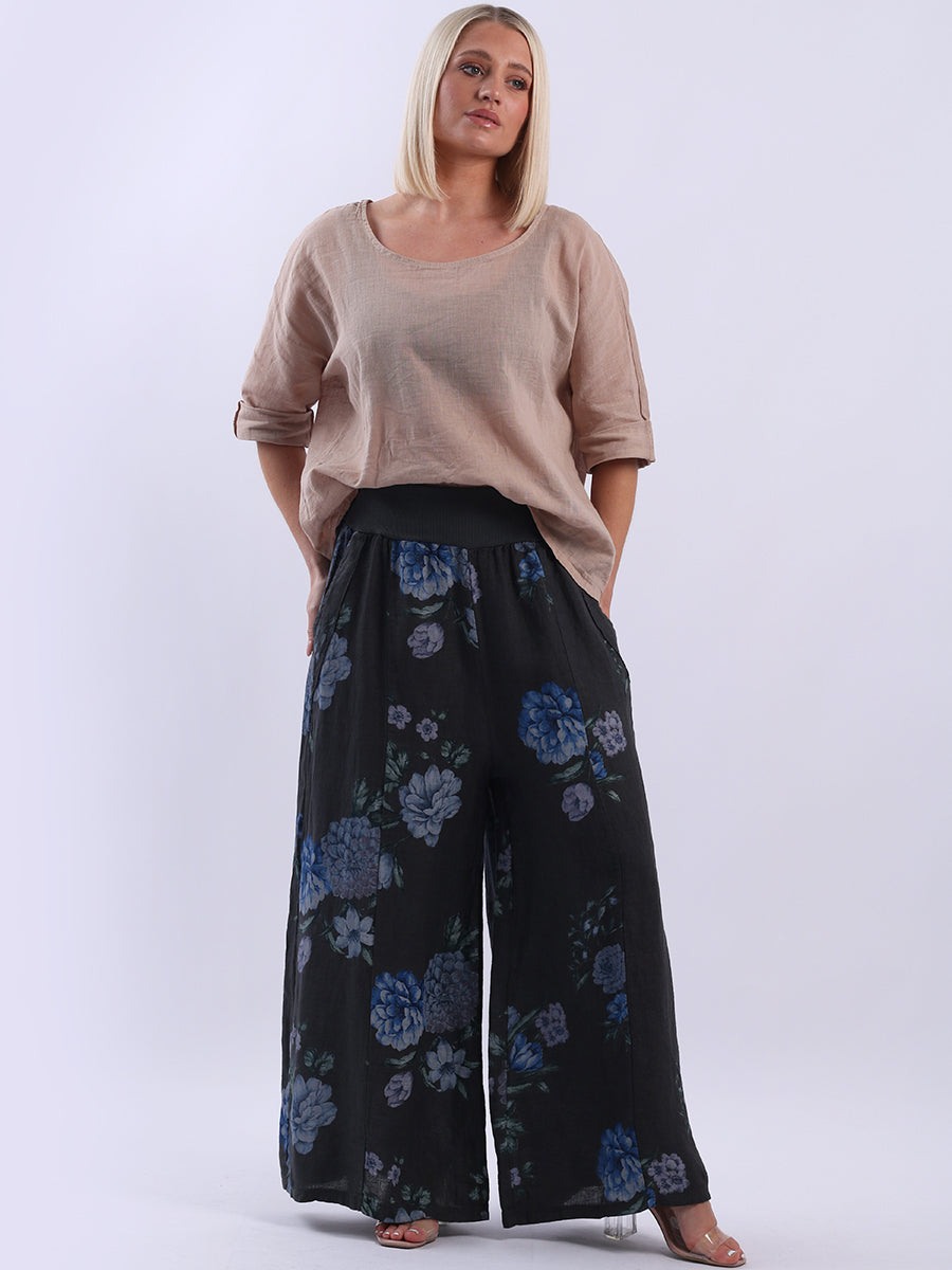 Floral Linen Palazzo Pant Charcoal