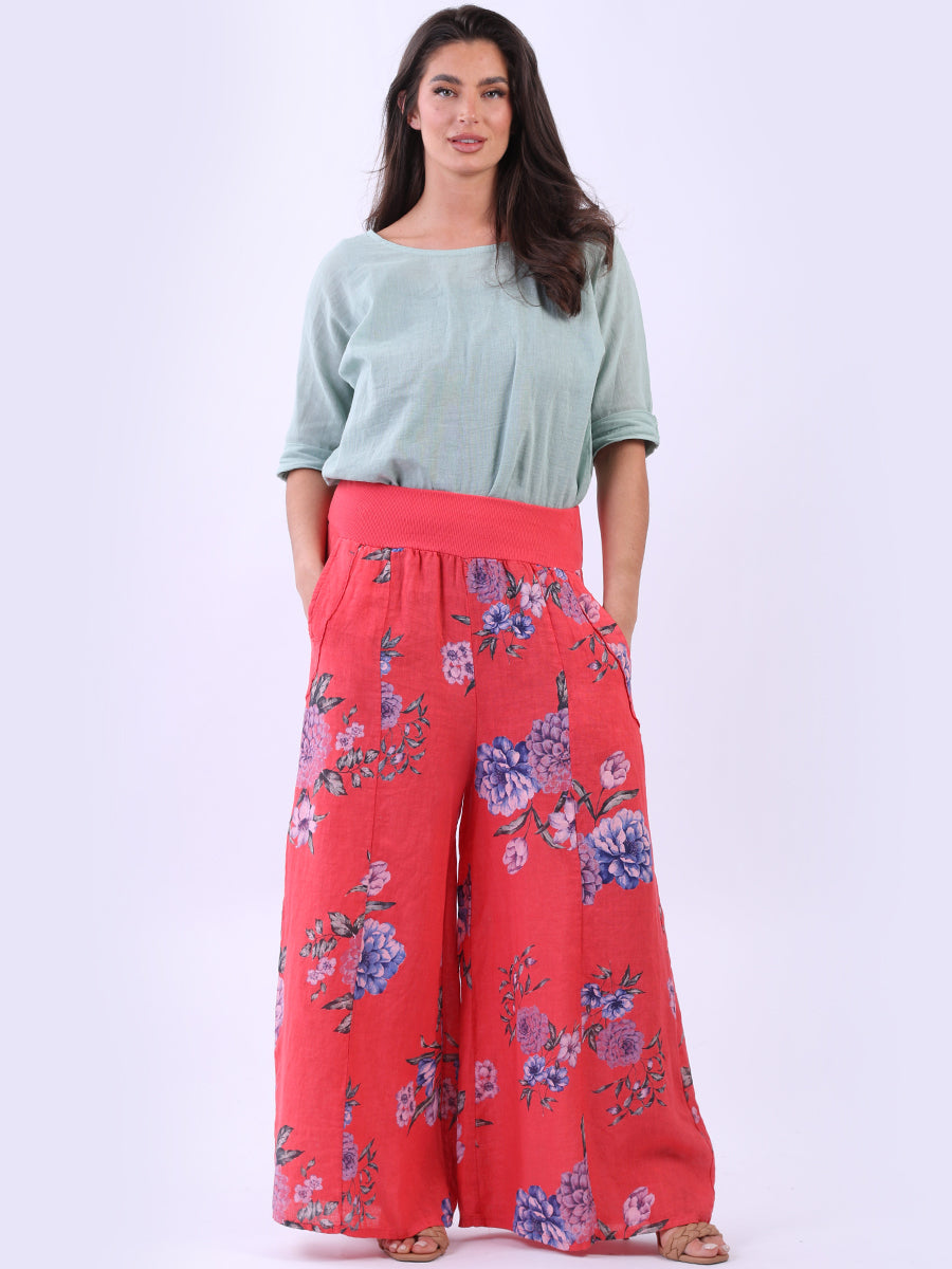 Floral Linen Palazzo Pant Coral