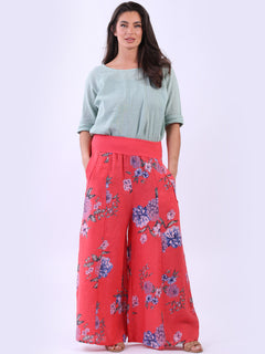 Floral Linen Palazzo Pant Coral