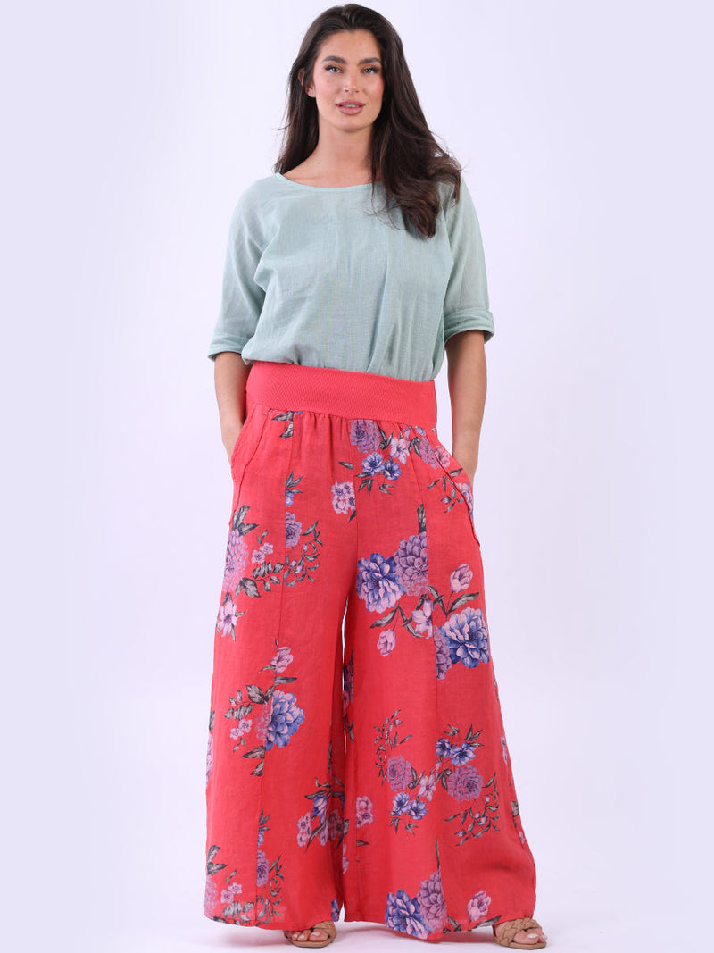 Floral Linen Palazzo Pant Coral