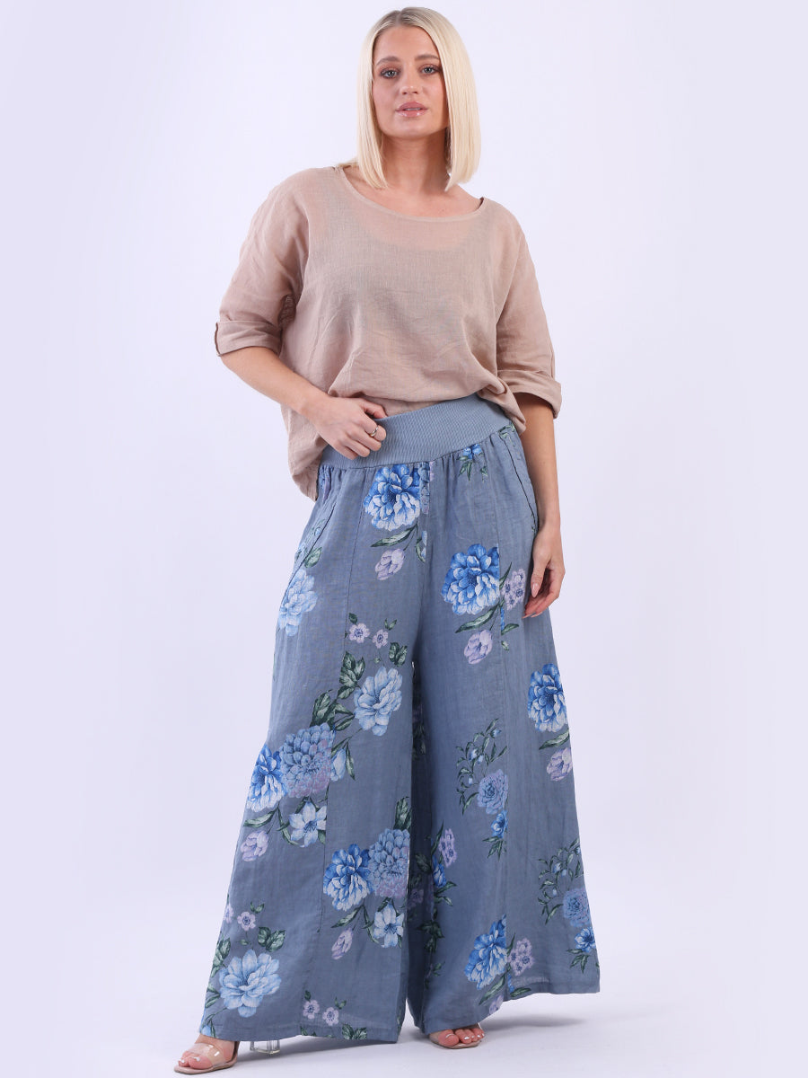 Floral Linen Palazzo Pant Denim