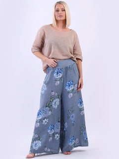 Floral Linen Palazzo Pant Denim