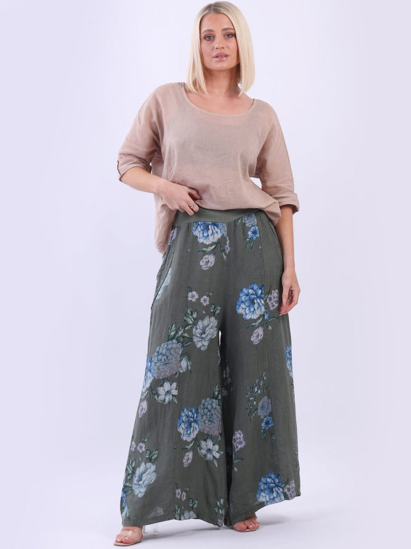 Floral Linen Palazzo Pant Khaki