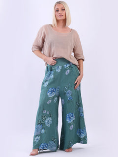 Floral Linen Palazzo Pant Ocean Blue