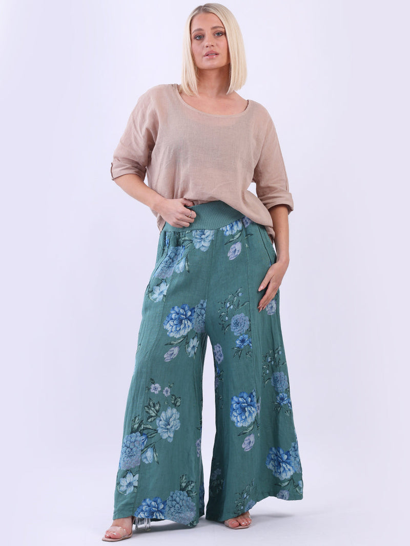 Floral Linen Palazzo Pant Ocean Blue